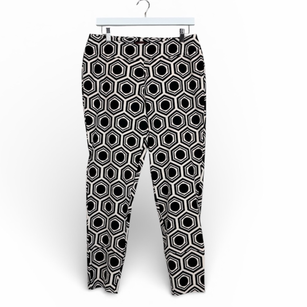 Krazy Larry Black White Geometric Feather Weight Pull On Ankle Pant SZ 8